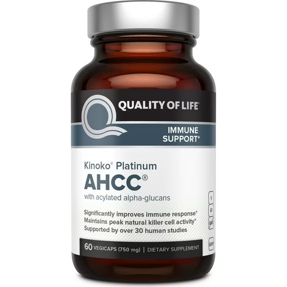 Quality of Life Premium Kinoko Platinum AHCC Herbal Supplement, 750mg per Capsule, for Immune Support, Liver Function, Maintains Natural Killer Cell Activity, Pack of 1, 60 Veggie Capsules